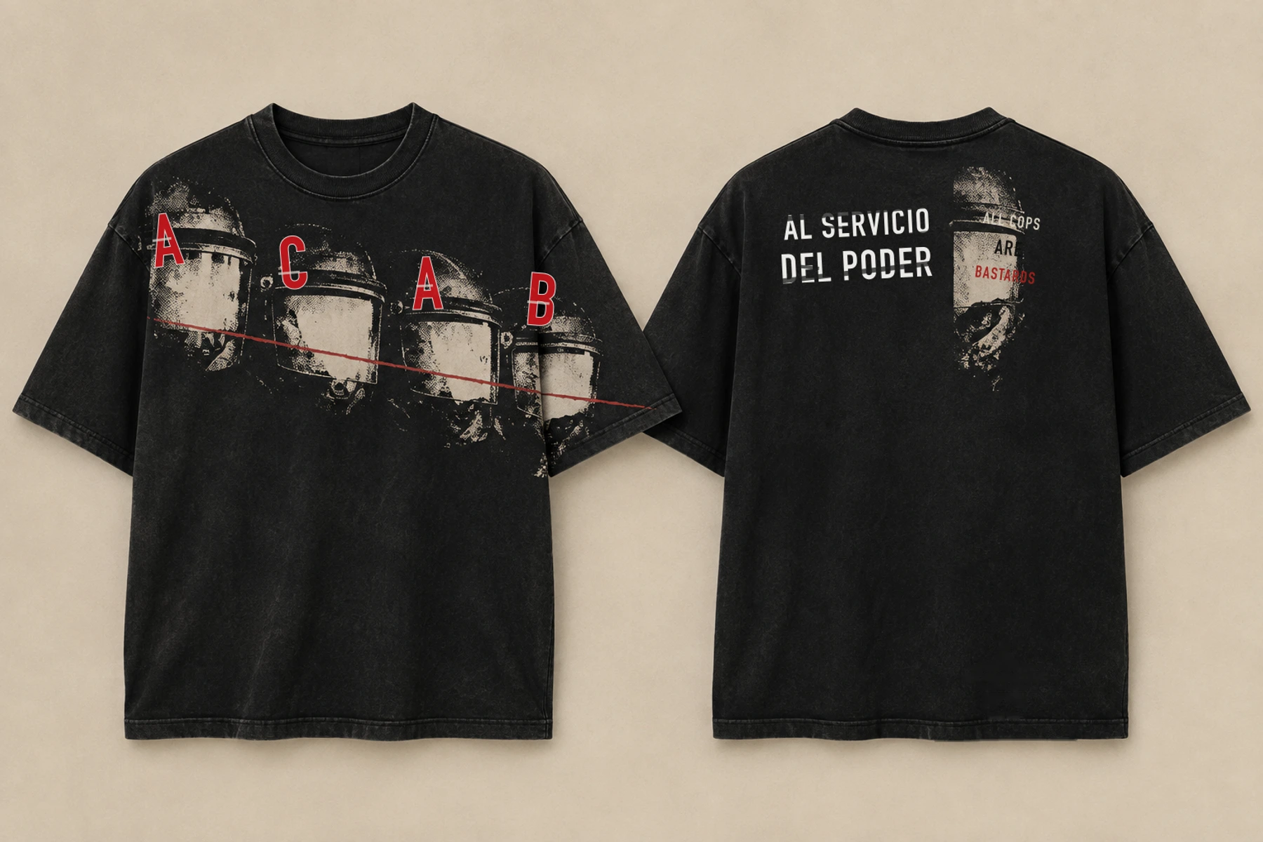 Camiseta negra Al servicio del poder, vista delantera y trasera