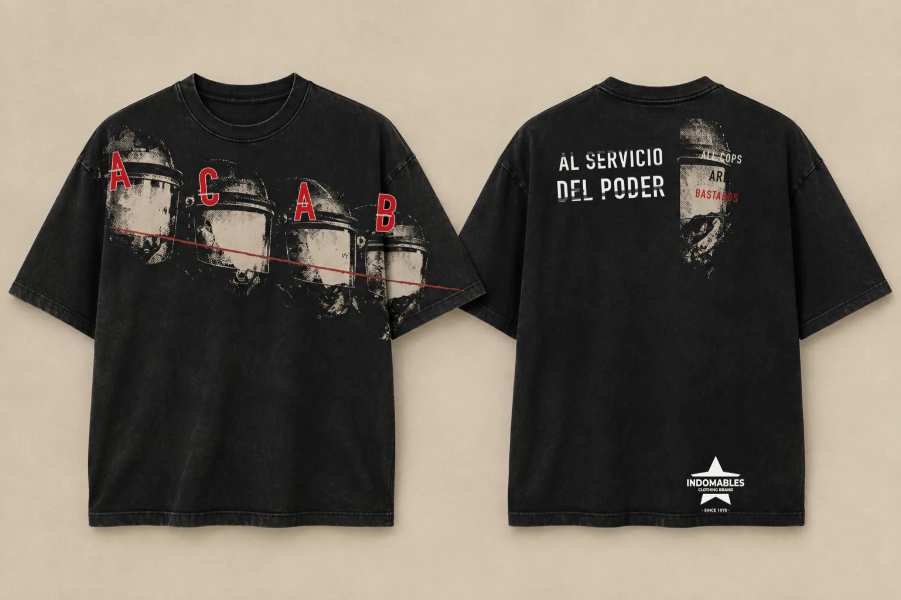 Camiseta negra Al servicio del poder, vista delantera y trasera