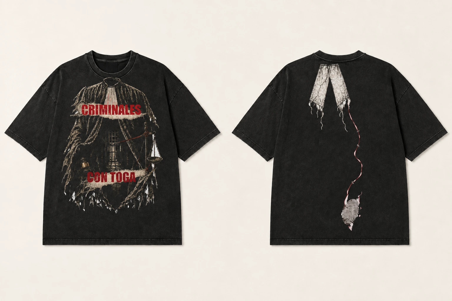 Camiseta negra Criminales con toga, vista delantera y trasera