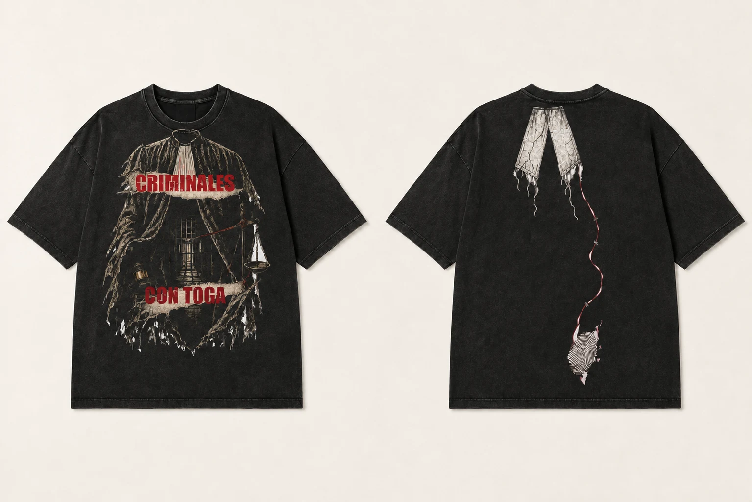 Camiseta negra Criminales con toga, vista delantera y trasera