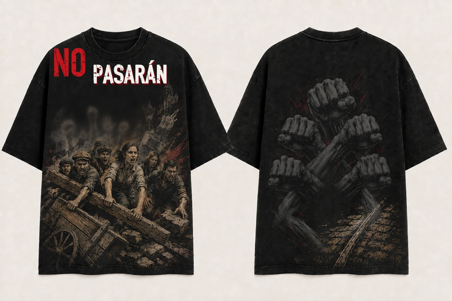 Camiseta negra No pasarán, vista delantera y trasera