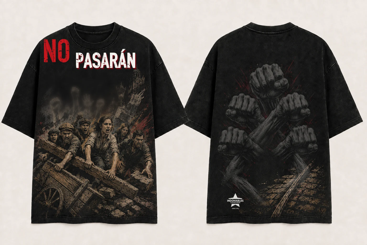 Camiseta negra No pasarán, vista delantera y trasera