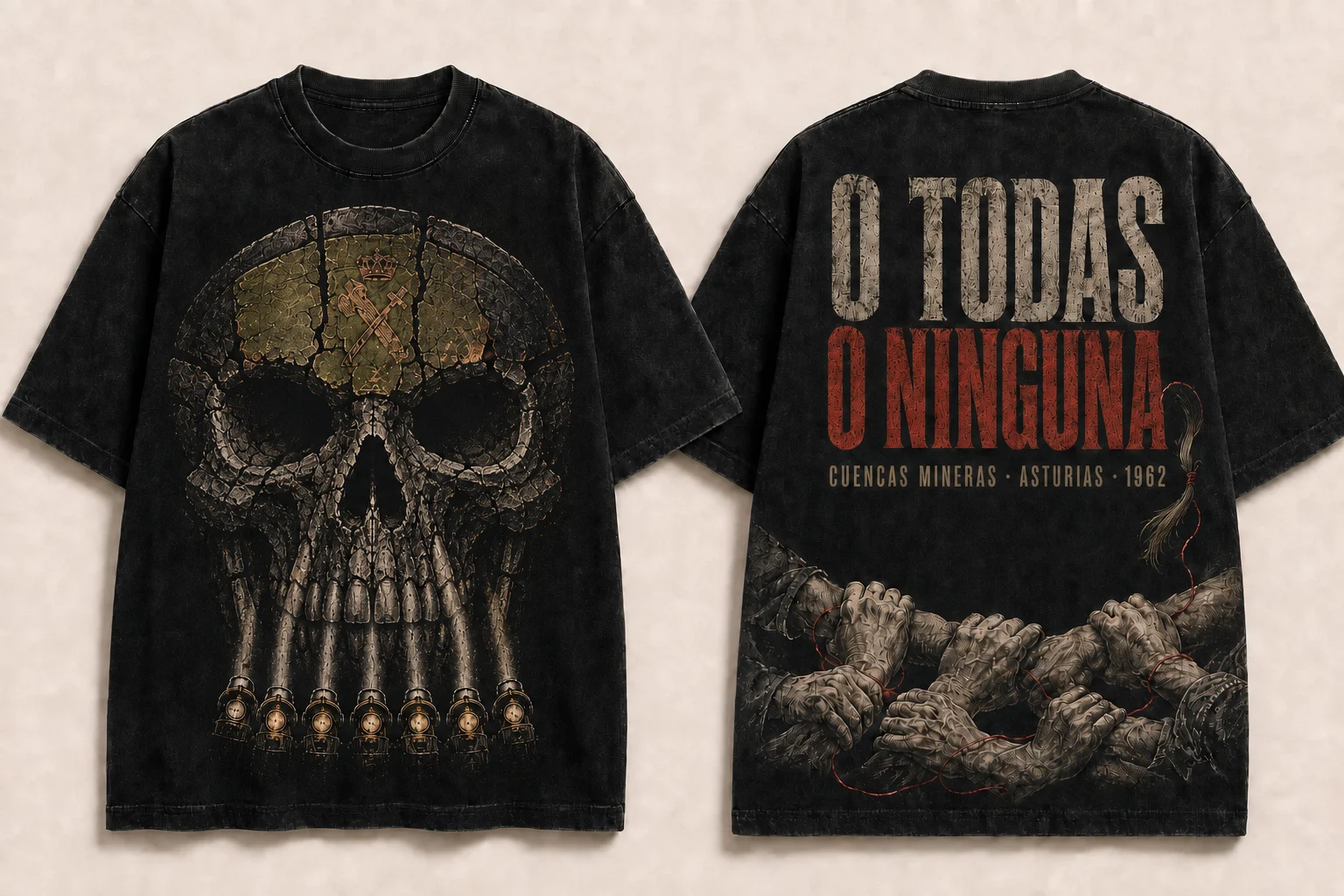Camiseta negra O todas o ninguna, vista delantera y trasera