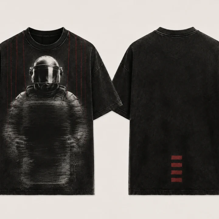 Camiseta negra Bajo el visor, vista delantera y trasera