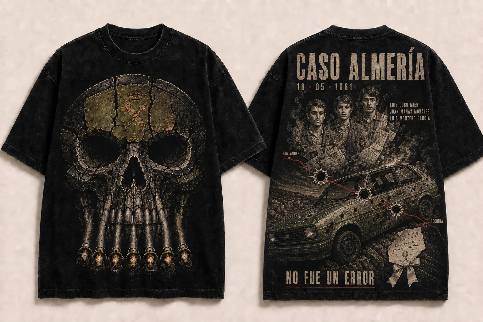 Camiseta negra Caso Almería, vista delantera y trasera