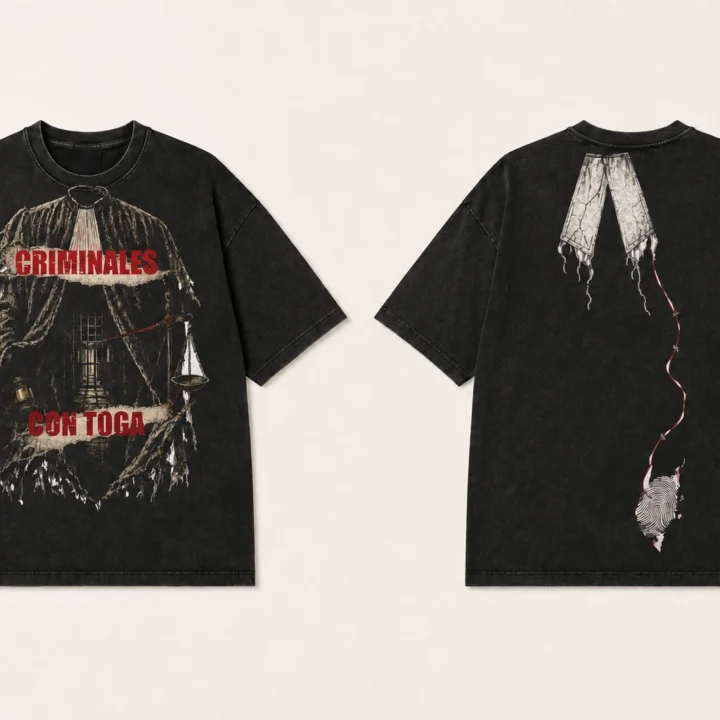 Camiseta negra Criminales con toga, vista delantera y trasera