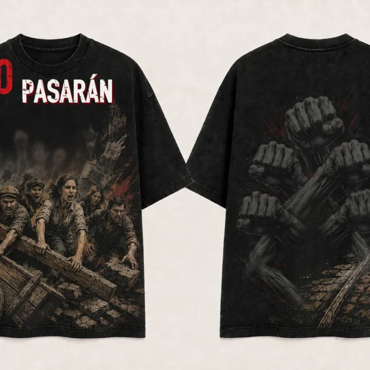 Camiseta negra No pasarán, vista delantera y trasera