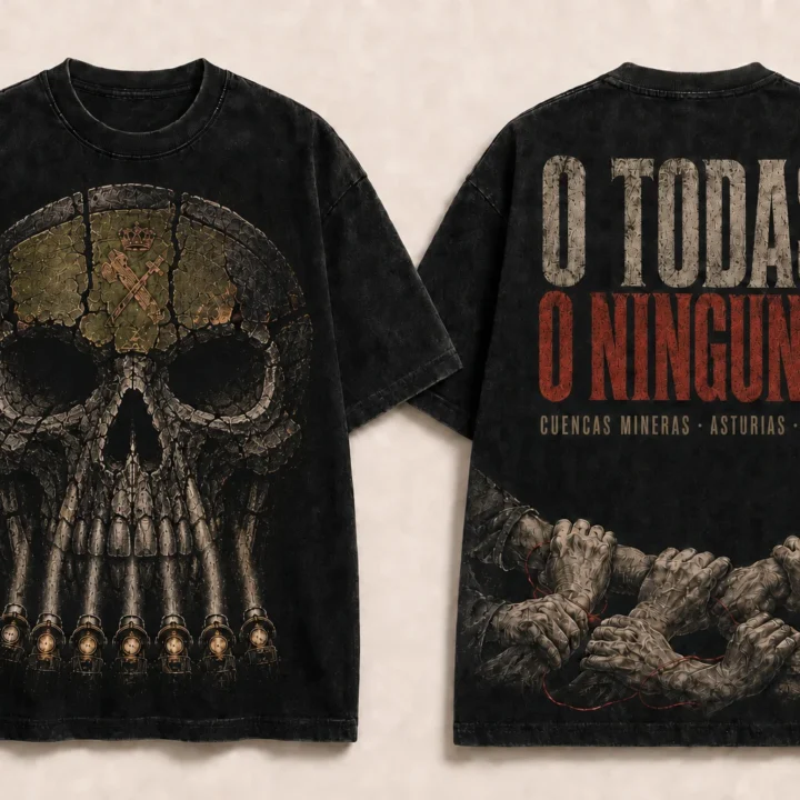 Camiseta negra O todas o ninguna, vista delantera y trasera